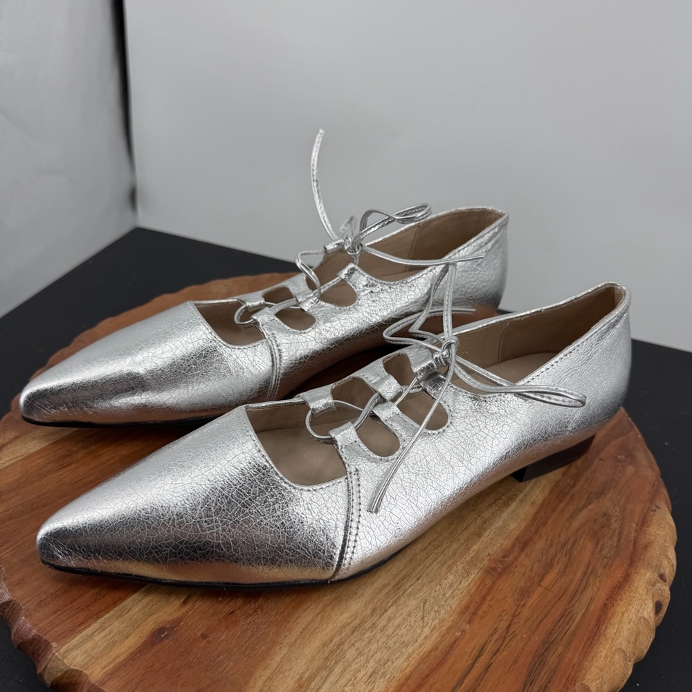 All Black Silver Leather Ghillie 24 Pointy Lace Up Flat Shoes 41 10.5 - Picture 3 of 7
